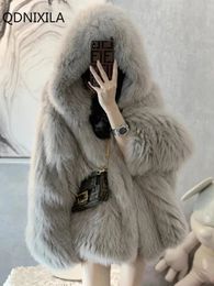 Women's Fur Faux Fur Winter Jackets for Women Imitation Fox Fur Coat Women Korean Version Outerwears Faux Fur Coat Hooded Fur Jacket 231113