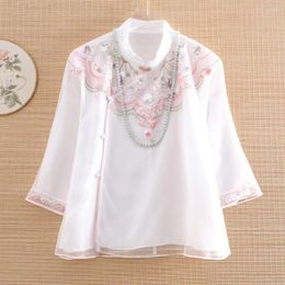 Ethnic Clothing High-end Spring And Summer Chinese Style Embroidery Organza Blouse Shirt Women Fashion Elegant Loose Lady Short Top S-XXL