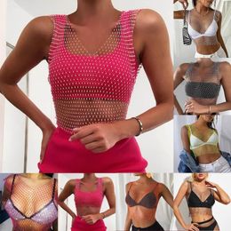 Camisoles & Tanks Women's Sexy Rhinestone Mesh Tank Tops See Through Diamond Crop Top