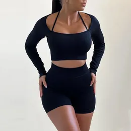 Women's Shorts Two Piece Set Solid Ribbed Women Tracksuits Spaghetti Straps Long Sleeve Crop Tops And Fitness Suits Casual Outfits