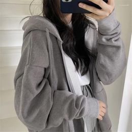 Women's Hoodies Women Oversized Loose Sweatshirts Autumn Solid Colour Long Sleeve Hooded Tops Female Zip-Up Pockets Coats Clothing