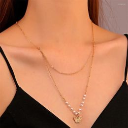 Pendant Necklaces Fashion Gold Colour Thin Chain Faux Pearl Geometric Butterfly Necklace For Women Female Vintage Multilevel Simple Jewellery