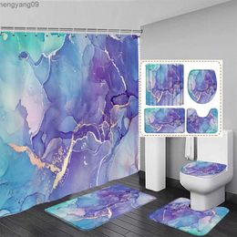 Shower Curtains Green Marble Shower Curtain Set Creative Watercolour Ink Art Geometric Modern Bathroom Decor Floor Rug Bath Mats Toilet Cover R231114