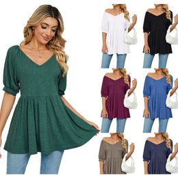 Women's T Shirts Women Puff Short Sleeve Tunic Top T-Shirts V-Neck Off Shoulder Solid Colour Pleated Ruffle Hem Casual Loose Peplum Blouse