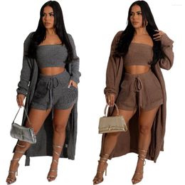Women's Tracksuits Aniow Solid 3 Piece Set Strapless Crop Top Shorts Long Cardigans Sweater Winter Autumn Women Outfits Street Knit Matching