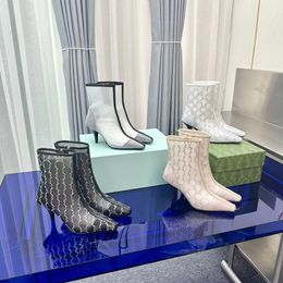 Designer Women crystal mesh sandal boot Women's Leather trims Mid-heel boots dress shoes heel 7.5cm design shoe size 35-42 05