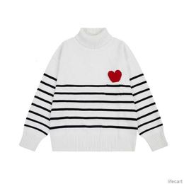 Amiparis Designer Knitted Sweater - Black/White Stripe Jacquard Love Heart Coeur Pull sweater over turtleneck for Men and Women by AM I Paris