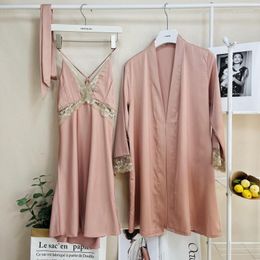 Women's Sleepwear Female Twinset Robe Set Spring Summer Silk Satin Kimono Bathrobe Gown Sexy Patchwork Lace Nightdress Loose Home Wear