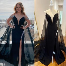 Black Prom Dress 2k24 Chiffon Cape Crepe Fitted Miss Pageant Winter Formal Evening Cocktail Party Hoco Gala Gown Mother of Bride Wedding Guest Black-Tie High Slit