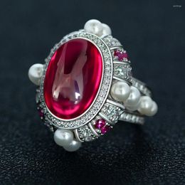 Cluster Rings KQDANCE Luxury 925 Sterling Silver Large Oval Cut 13 18mm Ruby Red Pearls Gemstone High Carbon Diamonds Ring Women Fine