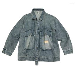 Men's Jackets Men's Washed Vintage Jeans Jacket Retro Cargo Denim Coat With Big Pockets Oversized Hip Hop Outerwear For Male