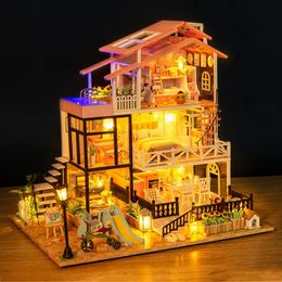 Doll House Accessories DIY Wooden Dollhouse Casa Miniature With Furniture Kit Pink Loft Model Doll Houses Assemble Toy for Children Christmas Gifts 231114
