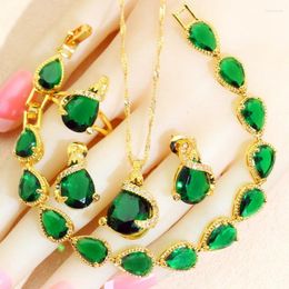 Necklace Earrings Set Bridal For Women Green Water Drop Zirconia Pendant Ring Bracelet Wedding Gift