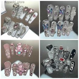 False Nails Handmade Y2K Fake Nail With Glue Glittery Punk Style Press On Nail Art Reusable Long Coffin False Nails Full Cover Nail Tips Q231114