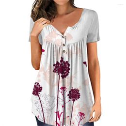 Women's T Shirts Vintage Women Buttons V Neck Tops Casual Ladies Floral Print Short Sleeve Shirt Leisure Plus Size Loose Top Camisas Mujer