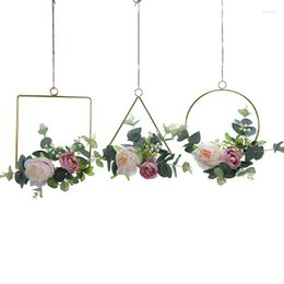 Decorative Flowers Home Decoration Geometric Metal Wire Round Triangle Square Artificial Rose Flower Door Wall Hanging Garland Living Room