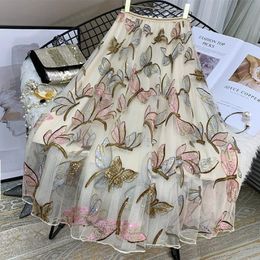 Skirts 65/75/85CM Sequin Mesh Embroidery Dragonfly Long Skirt Women's Spring Summer High Waist Pleated Sweet Midi Tulle Skirts Female 230414