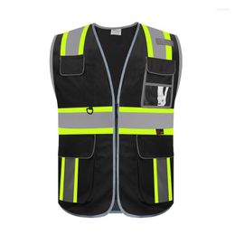 Men's Vests High Visibility Vest Safety Front Pockets Silver Yellow Reflective Band For Men Class 2 Black Hi Vis