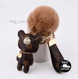 Keychains Lanyards Fashion keychain Cute bear Print Pattern PU leather keychains Car Accessories Key Ring Lanyard Key Wallet Chain Rope Chain set Y240426