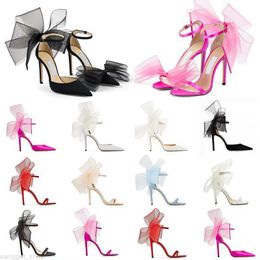 With BOX Luxury Designer Sandals women high heels Averly Pumps Aveline Sandal with Asymmetric Grosgrain Mesh Fascinator Bows Shoes size good