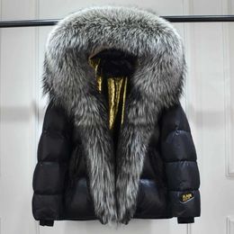 Large Luxury Natural Silver Fox Fur Collar Hooded Fashion Parkas Short Puffer Jacket Women 90% White Duck Down Coat