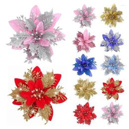 Christmas Decorations 5pcs 14cm Glitter Artifical Flowers Merry Tree Decoration Happy Year Ornaments Xmas Party Fake