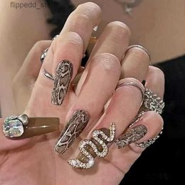 False Nails DIY Handmade Snake Rhinestone Fake Nail With Glue Custom Detachable False Nails Tips Reusable Press On Nails Coffin Manicure Art Q231114