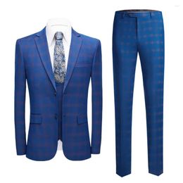 Men's Suits Men's Slim Fit 3 Pieces Suit Single Breasted Business Wedding Christmas Party Formal Royal Blue Checked Blazer Jacket Vest