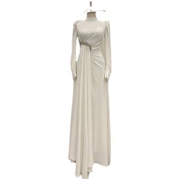 Simple High Neck Evening Dresses For Women Full Sleeves Zipper Party Gowns Jersey Crystal A-Line Floor Length