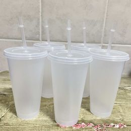 Water Bottles 5pcs Straw Cup Tumbler with Lid Reusable Plastic Transparent Cold Beverage Kitchen Accessory 700ml 230413