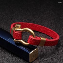Link Bracelets Fashion Braided Red Rope Genuine Leather Handmade Lock Stainless Steel Chain Charm Men Women Jewelry