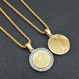 Pendant Necklaces Hip Hop Iced Out San Benito Holy Medal Pendant With Gold Chain Stainless Steel Jesus Necklace Religious Jewelry Dropshipping T230413