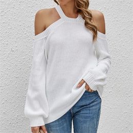 Women's Sweaters Y2K Knitted Off Shoulder Sweater Backless Halter Crew Neck Hollow Out Pullover Trend Women Jumper Long Sleeve Top