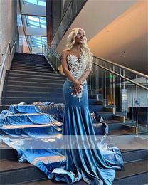 Modern Blue Veet Mermaid Prom Dresses 2023 For Black Girls Sexy Sheer Beads Crystals Plus Size Graduation Party Gowns 322