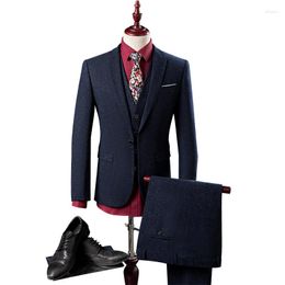 Men's Suits Men's Slim Fit 3 Pieces Suit Single Breasted One Button Business Wedding Halloween Party Formal Dark Blue Jacket Vest Pants