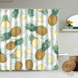 Shower Curtains Peach Orange Pineapple Printed Shower Curtain Summer Tropical Fresh Fruits Bathroom Art Deco Waterproof Fabric Curtains R231114