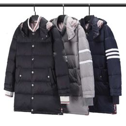 Trendy Brand Tho Broone Winter Stripe Four Bar Medium Length Hooded Down for Mens Trend Thickened Warm Jacket