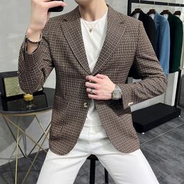 Men's Suits Autumn 2023 Korean Fashion Double Breasted Youth Blazer Classic Plaid Casual Business Social Club