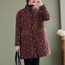 Women's Trench Coats Vintage Winter Large Size Stand Collar Printed Cotton Women's Clothing Casual Long Sleeve Jackets Fp363
