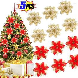 Decorative Flowers 5pcs Glitter Artifical Christmas Tree Decoration For Home Fake Xmas Ornaments 2024 Year