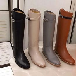 Marcas de luxo saltando botas altas fivelas mulheres preto couro genuíno joelho-botas preto marrom senhoras martin botas femininas botas de cavaleiro sapatos mujers