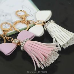 Keychains Pink White Bow Leather Tassels Keyring Fashion Jewellery Women Charm Key Bag Chain Birthday Christmas Mother's Day Lover Gift