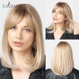 Synthetic Wigs Easihair Blonde Ombre Wigs Synthetic Hair for Women Natural Bob with Bangs Heat Resistant Cosplay Wig Cute Futura 230227