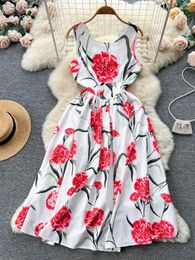 Casual Dresses Summer Rose Print Party Dress Women Sleeveless Round Neck Midlength French Vintage Ladies Elegant A-line Slim Long Robe