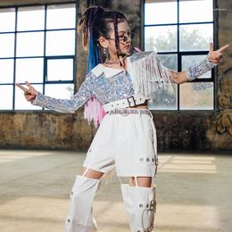 Stage Wear Modern Street Dance Performance Clothing Hip Hop Suit 2023 Kids Jazz Costumes Sequin Fringe Tops White Pants