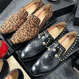 Designer Leopard Print Dress Shoes Leather Formal Shoe Mens Office Shoes Fashion Pointed Toe Business Work Wedding Party Shoes Spikes Shoes With Box NO493