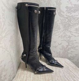 Boots Cagole lambskin leather knee-high boots stud buckle embellished side zip shoes pointed soft Toe stiletto heel tall boot luxury designers shoe for all-match warm