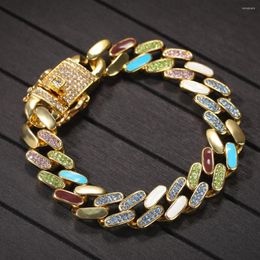 Link Bracelets Fashion Hip Hop Jewellery 12mm Colourful Dripping Oil Bracelet Curb Cuban Chain Mens Thick Silver Plated Rhinestone