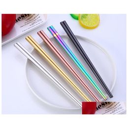 Chopsticks Glossy Titanium Plated Chopsticks Anti Scalding High-Grade 304 Stainless Steel Rainbow Golden Black Square Drop Delivery Ho Dhbb4