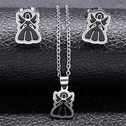 Necklace Earrings Set Vintage Holy Angel Pendant Stud Earring For Women Stainless Steel Black Sliver Color Classic Gift S150